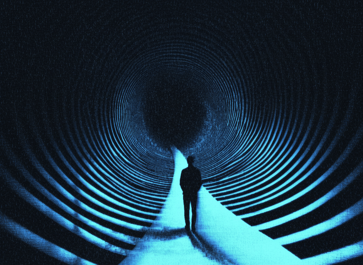 A lone figure standing inside a tunnel of concentric rings spiraling toward a dark vanishing point.