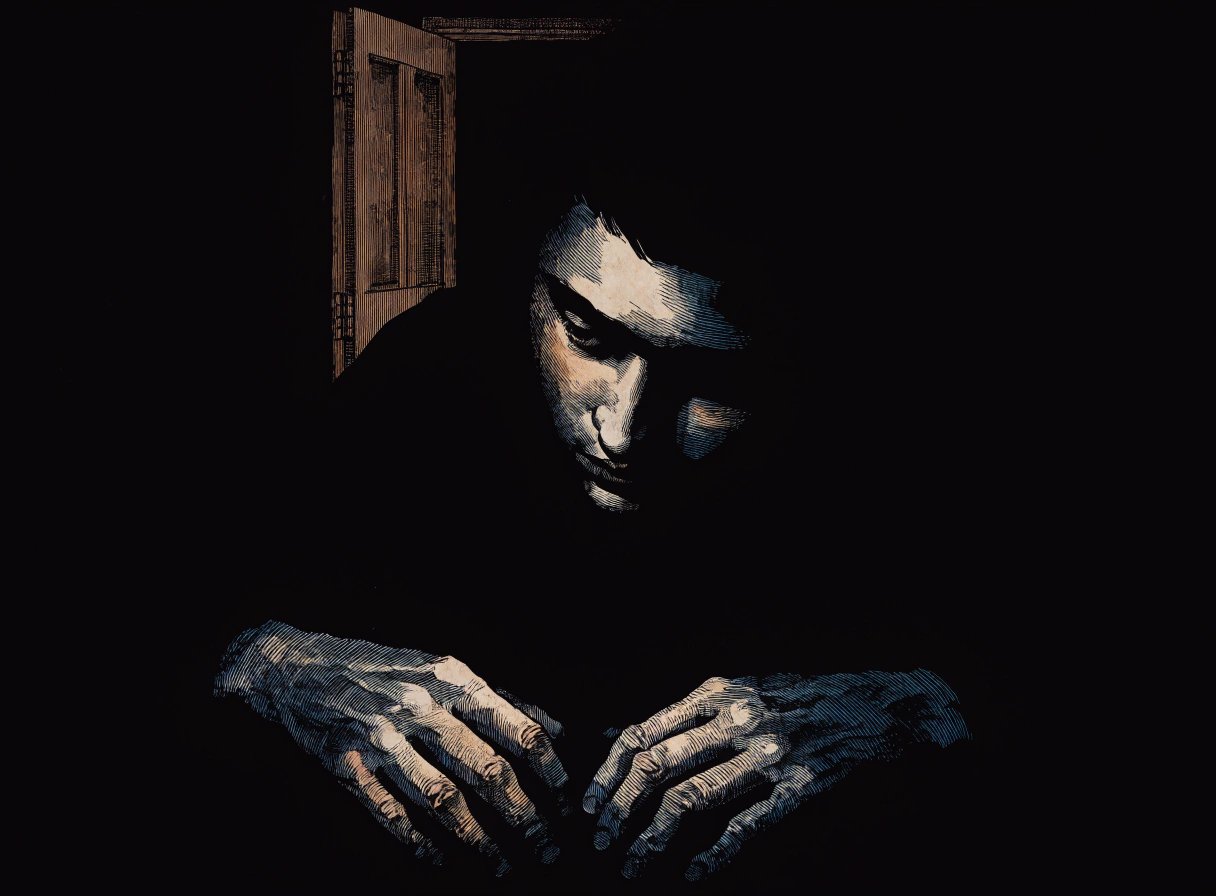 Chiaroscuro painting of a man's face and hands emerging from darkness, lit by an unseen cold light